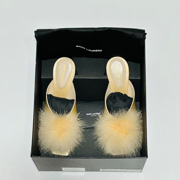 Saint Laurent Blanco Mae 60 38/ US 8 Mule Gold Satin Slip On Stiletto Heel NIB - Picture 3 of 11